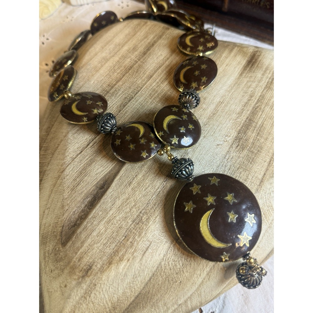 Vintage Cloisonné Crescent Moon‎ & Stars Puff Necklace 17" Rare Witchy